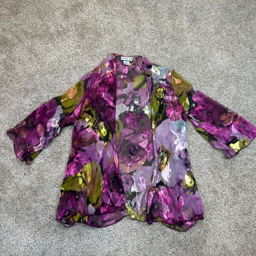 Simply Silk Floral Open Front Cardigan Purple Green Sheer Silk Blend Medium